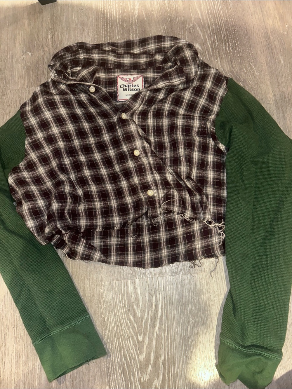 Charles Wilson Plaid Cropped Button-Up with Green Sleeves